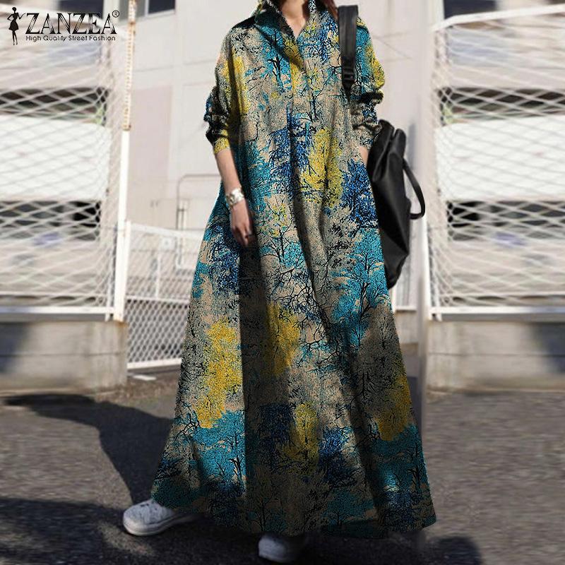 ZANZEA Женское повседневное платье с отложным воротником и принтом на осень с длинным рукавом