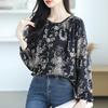Floral Chiffon Shirt for Women Long Sleeved Loose Fit Slimming Belly Covering Anti-aging Top for Women Shirt
