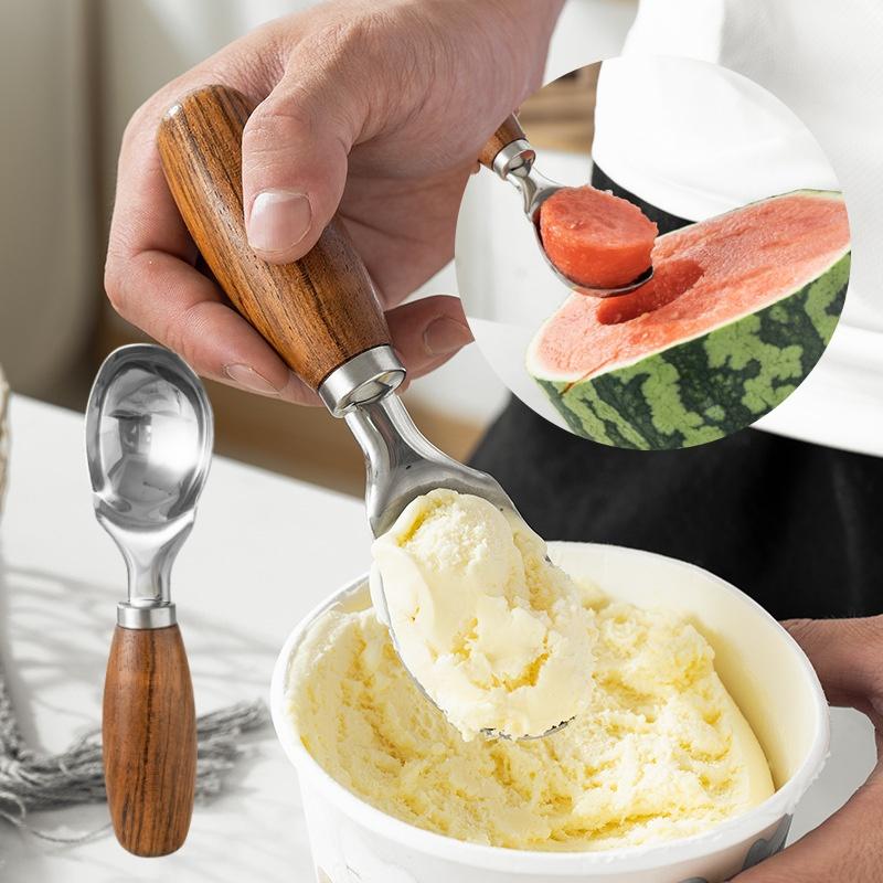 Stainless Steel Non-stick Ice Cream Spoons with Wood Handled Spade Ice Cream Digging Spoon Fruit Ball Making Tool