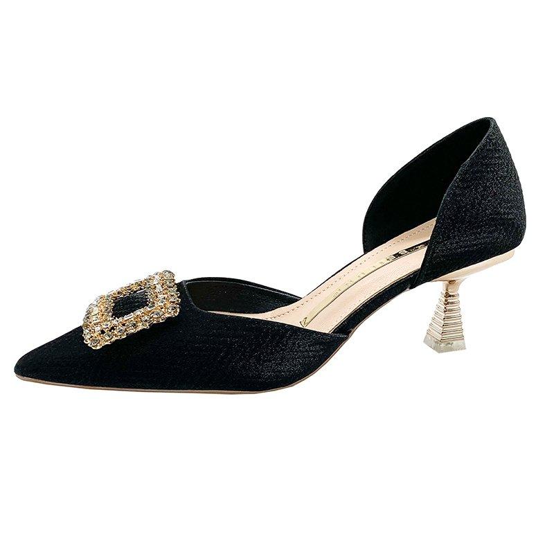 Блестящие стразы с квадратной пряжкой, декорированные туфли для выпускного вечера, темпераментные туфли с острым носком и средней полостью, женские туфли-лодочки на тонком каблуке, высокие каблуки