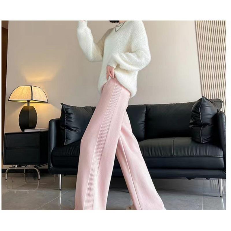 Women's Autumn and Winter Knitted Wide Leg High Waisted Pure Colour Pants
