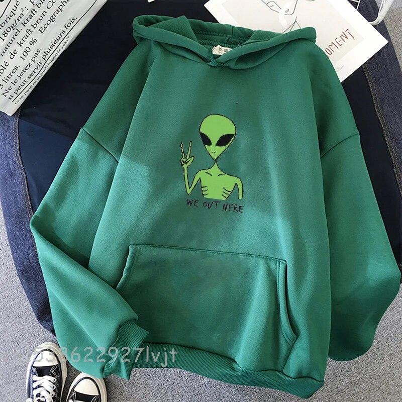 Alien WE OUT HERE Print Oversized Sweatshirt Women Kawaii Hoodies Clothes Hoody Jacket Long Sleeve Harajuku Aesthetic Tops Unisex Hoodie