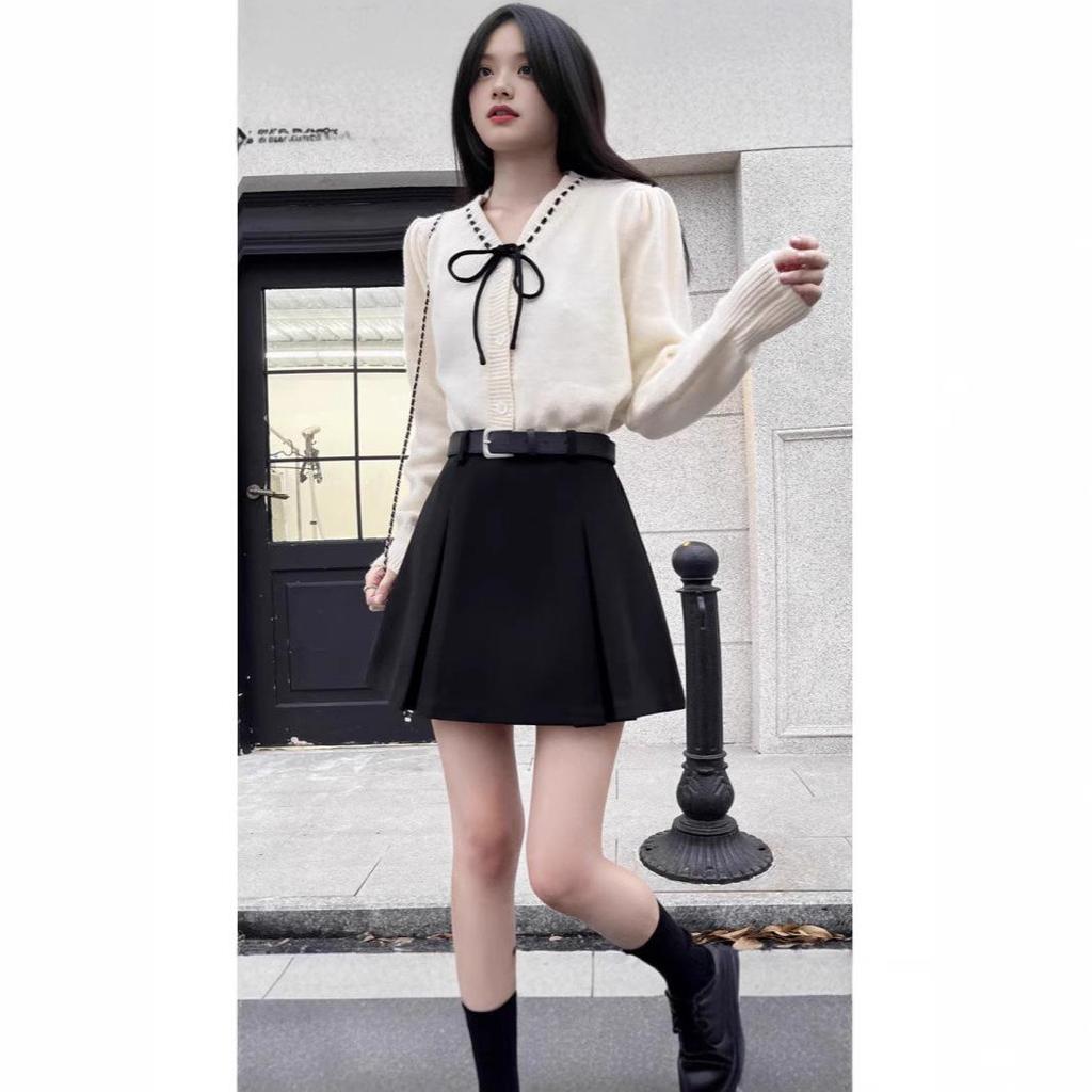 2024 Осень/Зима Юбка миди А-силуэта со складками, с высокой талией, из смесовой шерсти в британском стиле