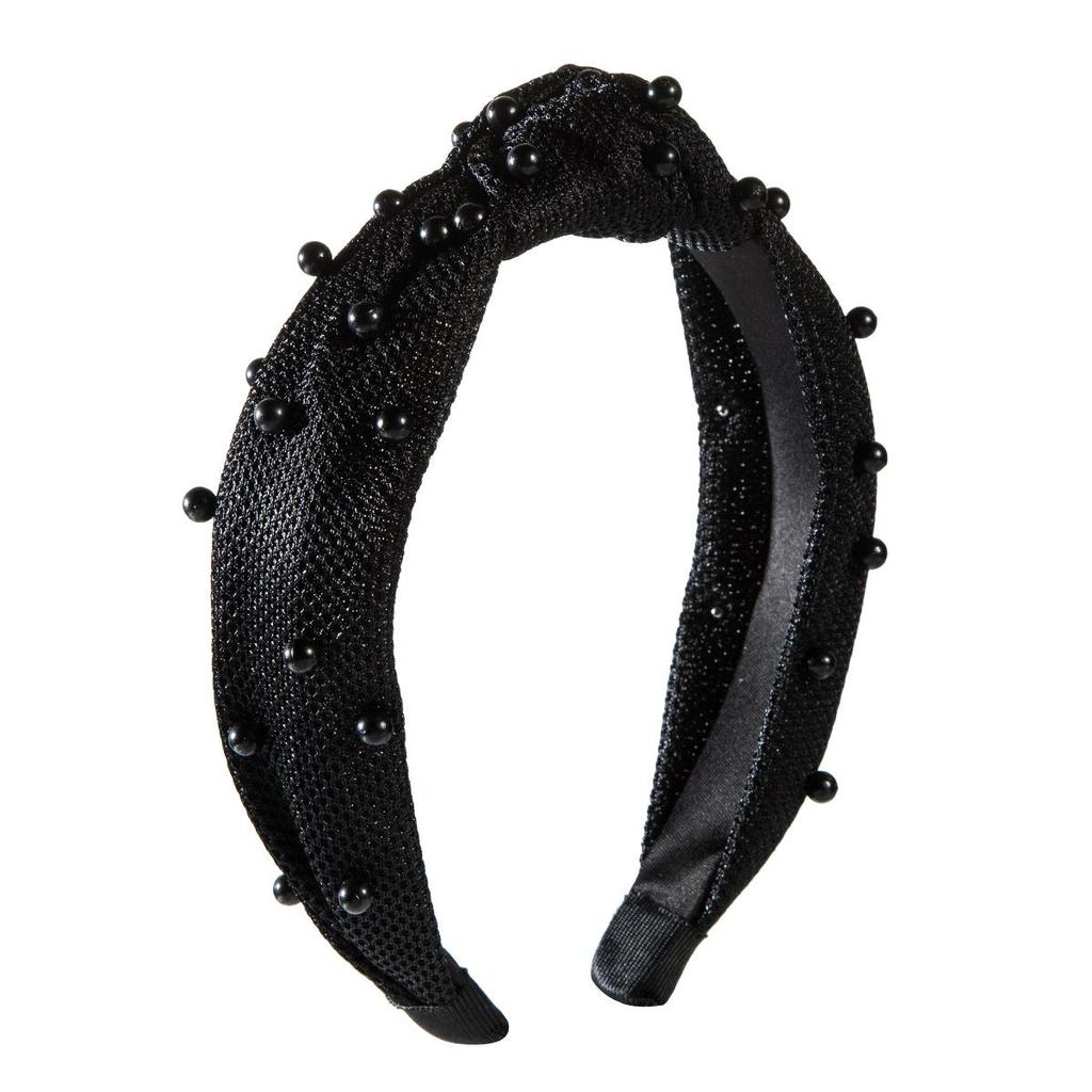 Women Hair Band Pearl Velvet Bow Wide Edge Headband Mesh Headwear
