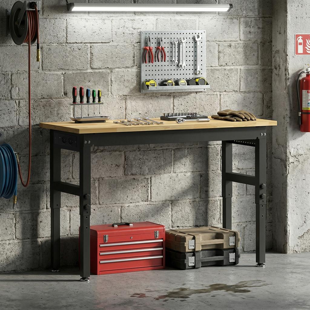 Workbench in Wood and Steel Adjustable Height, 2 AC Outlets, Capacity 900 kg, Wood and Black Color