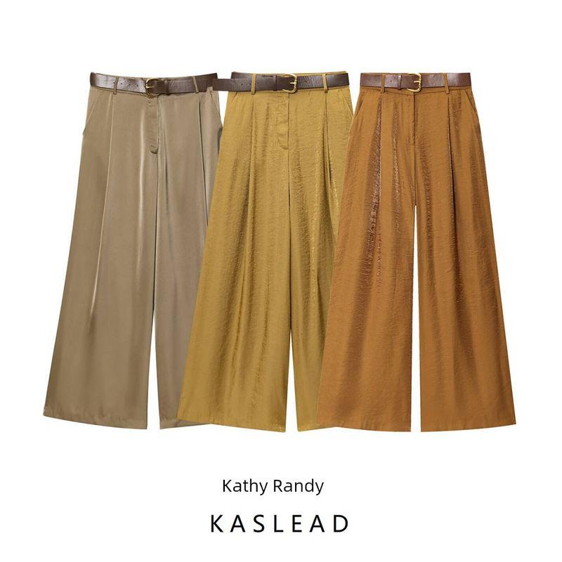 Kaslead New Arrival Women's Clothing Fashion Style Fashion All-Match with Belt Silk Satin Casual Straight Pants