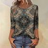 Trendy Vintage 3/4 Sleeve Top For Women,Ladies Casual Three Quarter Sleeve Round Collar Printed T-Shirt Blouse