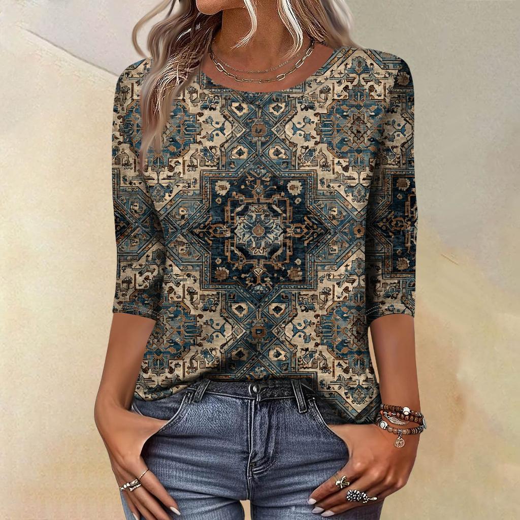 Trendy Vintage 3/4 Sleeve Top For Women,Ladies Casual Three Quarter Sleeve Round Collar Printed T-Shirt Blouse