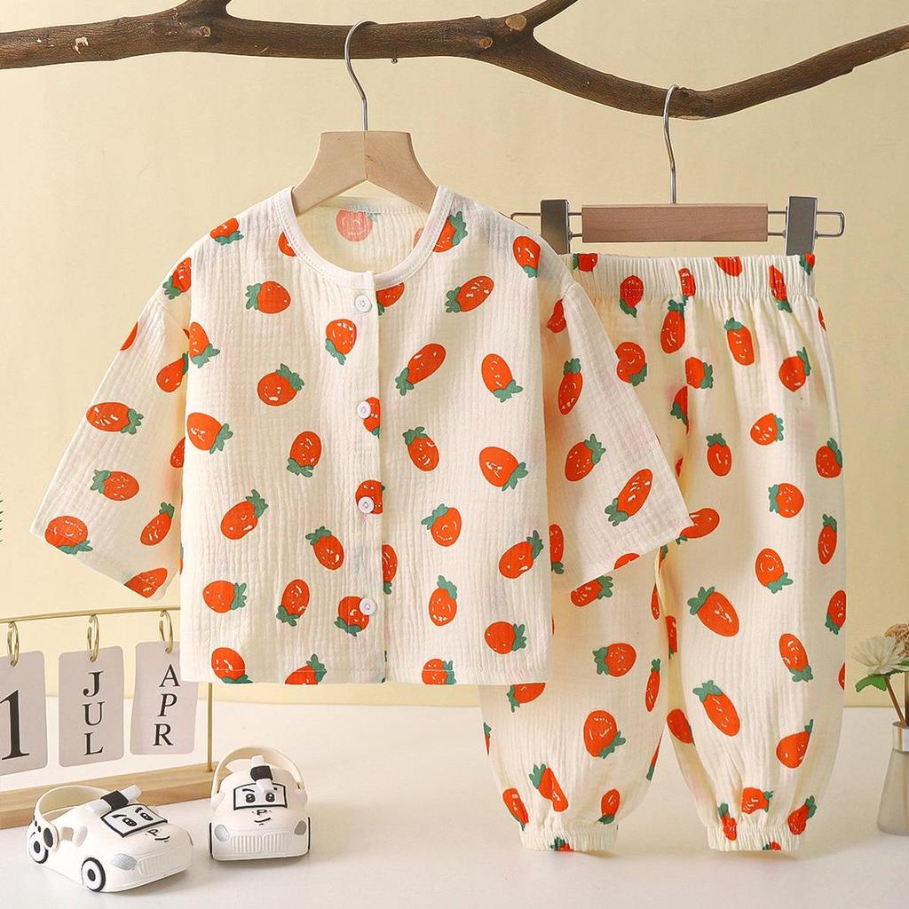 Children's Cotton Gauze Pajamas Set - Summer Long-Sleeve with Lantern Pants