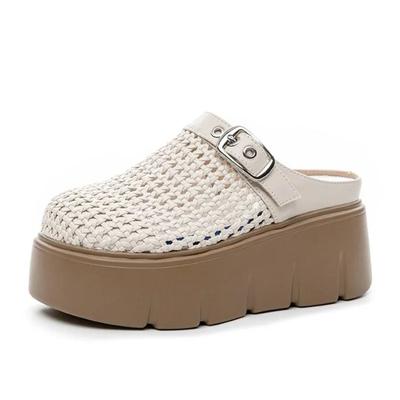 Мода 7СМ Синтетическая Микрофибра Кожа Платформа Клин Высокий Бренд Тапочки Пустотелые Слипоны Дышащие Женские Сандалии Круглый Носок Обувь