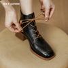 2024 Women Ankle Boots Handmade Luxury Genuine Leather Medium Heels Laces Black Short Boot Elegant Female Booties Designer Shoes