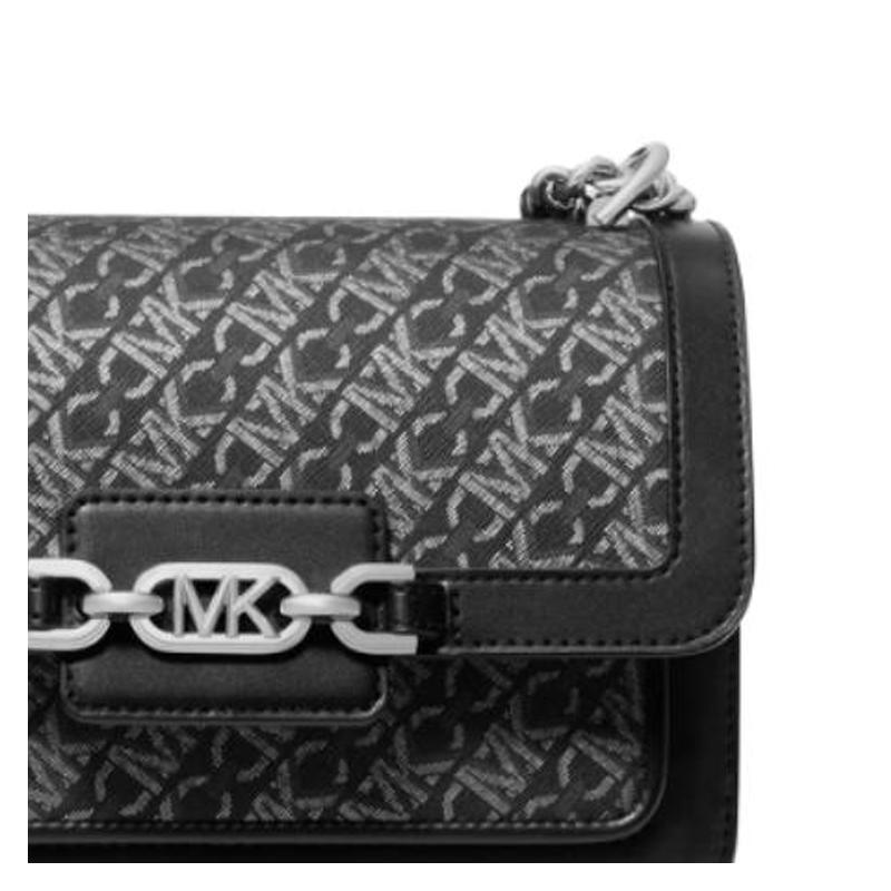 Michael Kors Сумка через плечо Grayson с принтом по всей поверхности, клапан на кнопке, искусственная кожа, большая, женская, черная с серебристым