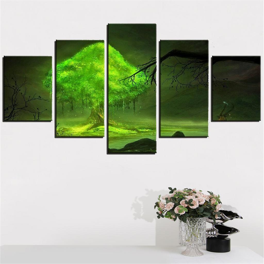 Wall Art Canvas Painting 5 Piece Prints Green Big Tree Posters Anime Plant Modular Pictures Home Decor Bedroom Decoration No Frame