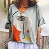 New T Shirt For Women Abstract V-neck Short Sleeve Tee Casual Oil Painting Female Clothing Fashion Street Retro Women's T-shirt