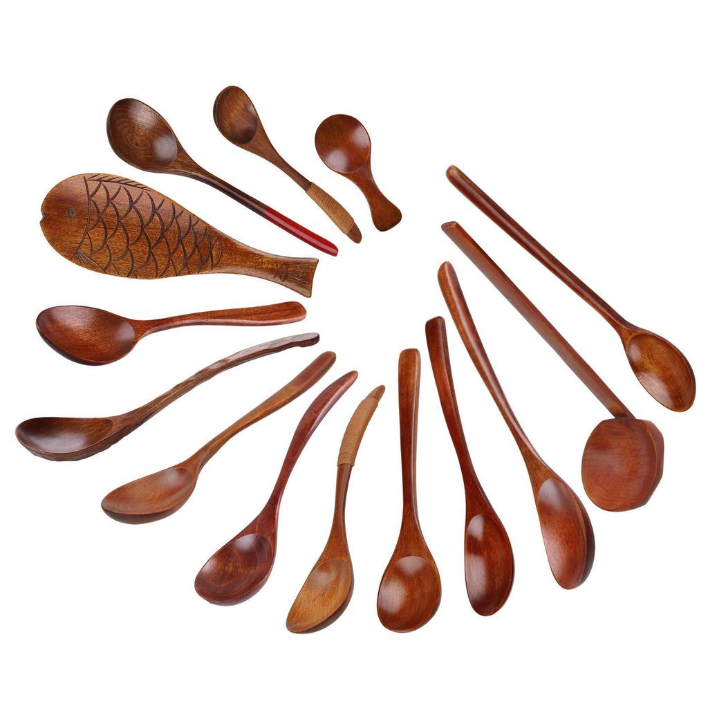 YFJY Деревянная длинная ручка для приготовления пищи: Кофейная ложка, арбузная ложка, суповая ложка, вилка, дуршлаг