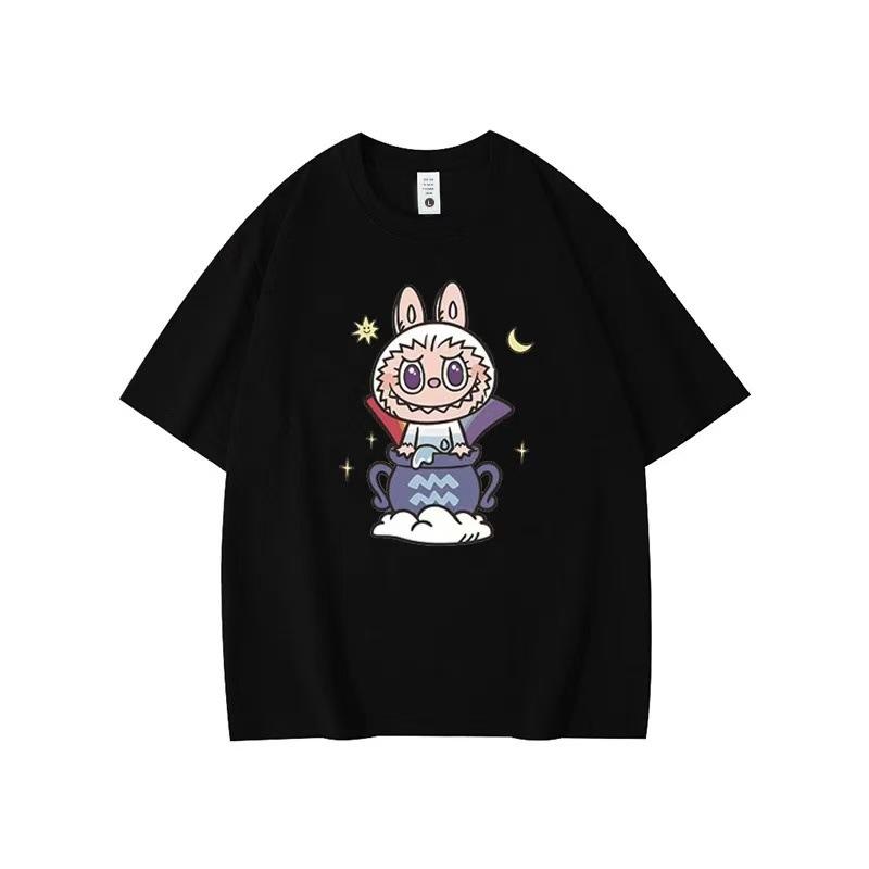 Летний топ с круглым вырезом и принтом с узором Лабубу, модная повседневная женская футболка с коротким рукавом из чистого хлопка