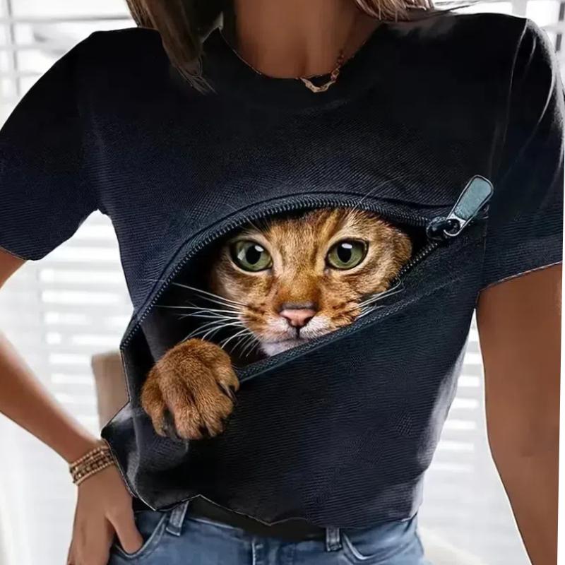 Женская одежда больших размеров с принтом 3D Cat, футболка с круглым вырезом, повседневные свободные летние футболки с коротким рукавом, топы, женская одежда