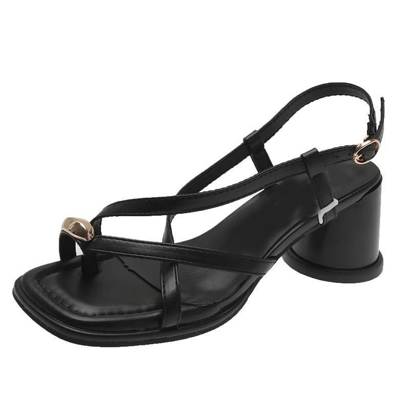 Модные женские сандалии на массивном высоком каблуке с перемычкой для пальца, летняя женская обувь, новая мода, ремешок крест-накрест, однотонные, с пряжкой, сандалии на каблуке для женщин