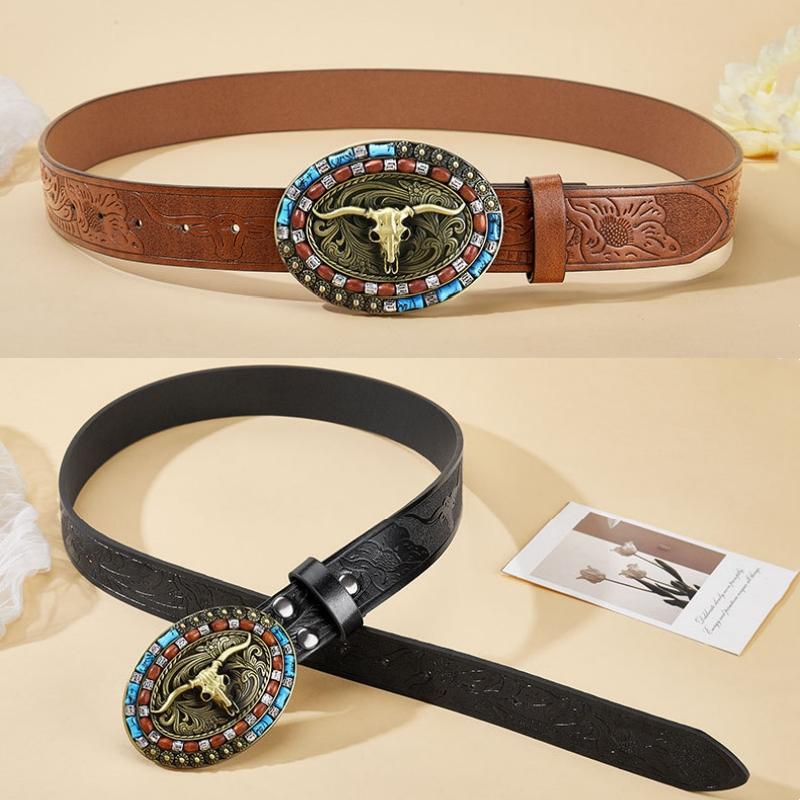 Women's Cowboy Belt Western Leather Cowboy Longhorn Bull Pattern Buckle Floral Engraved Buckle Belts
