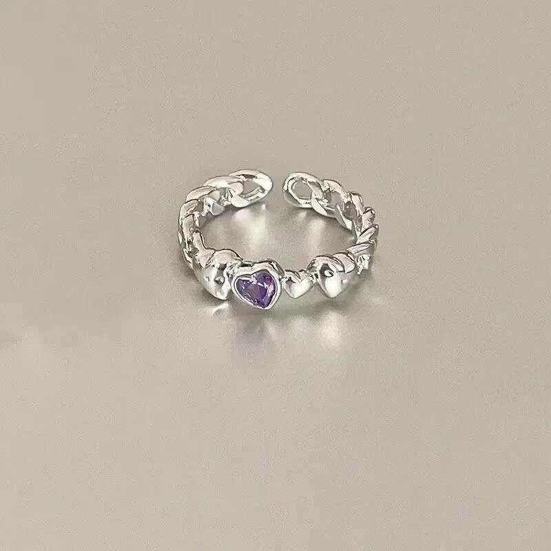 Purple Crystal Irregular Heart Ring for Women Korean Fashion Luxury Zircon Open Adjustable Y2K Style Exquisite Jewelry Accessory