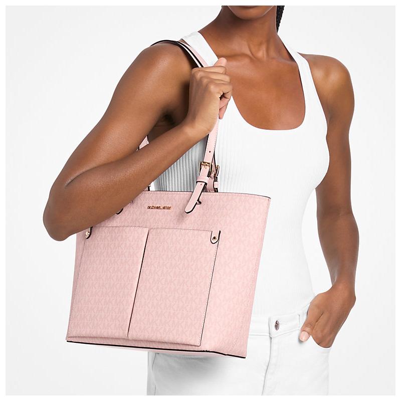 Michael Kors Jet Set Металлические золотые аксессуары Сумка-тоут из холста с покрытием Сумка-тоут Сумка для покупок Сумка через плечо Средняя Женская телесно-розовый