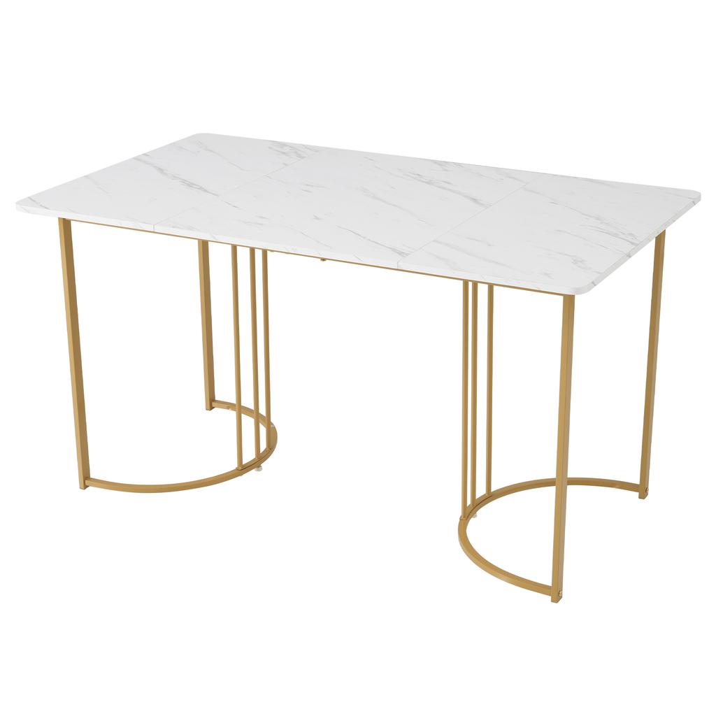 Dining Set (5-Piece), Dining Table with 4 Chairs Set, 140×80cm Kitchen Table with Golden Metal Legs, MDF Tabletop in White, Brown Velvet Dining Chairs