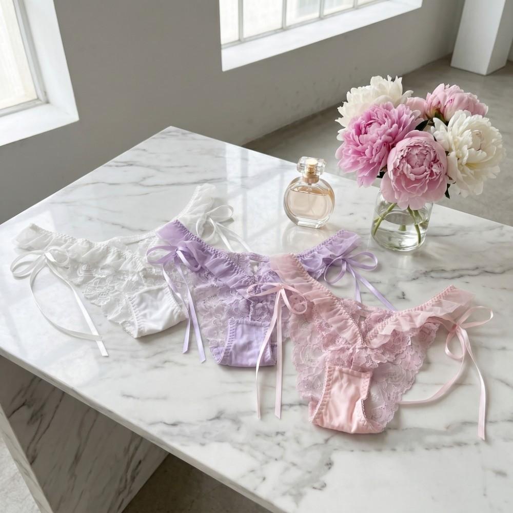 Bow Ribbon Lace Flower Transparent Briefs Mesh Female Lingerie Ruffle Floral Bowknot Panties Girl