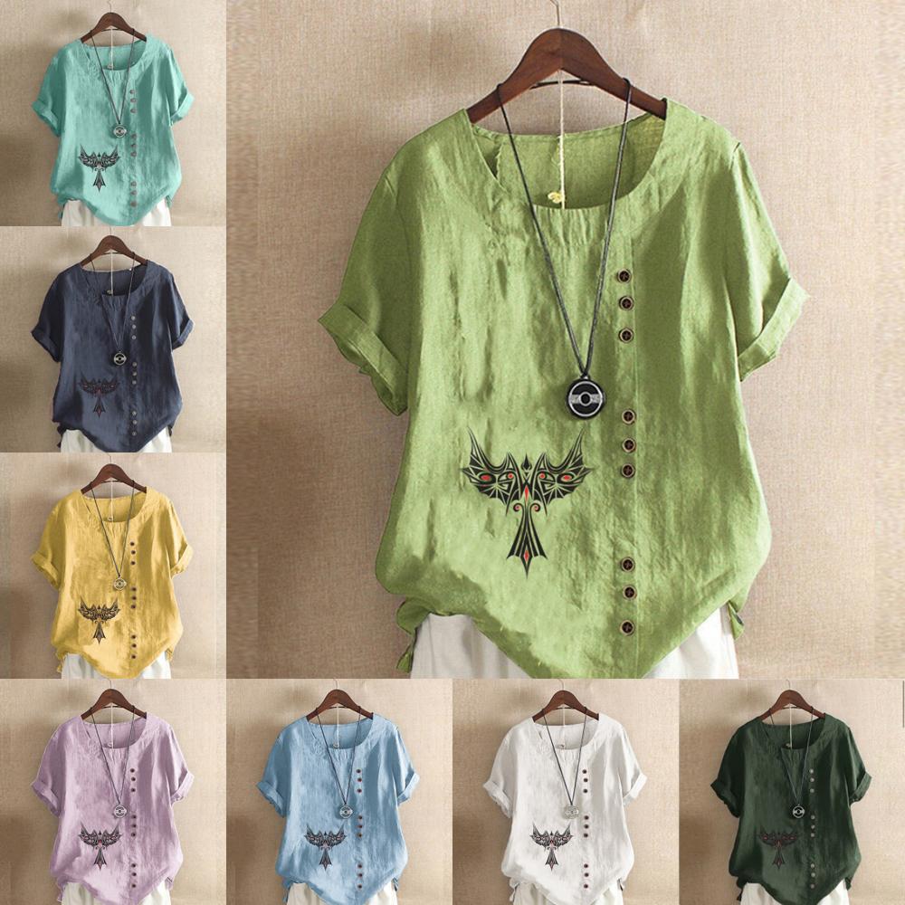 Women's Fashion Pattern Print Short Sleeve T-shirt Loose Cotton Shirt Casual Loose Summer Blouse Tops Plus Size