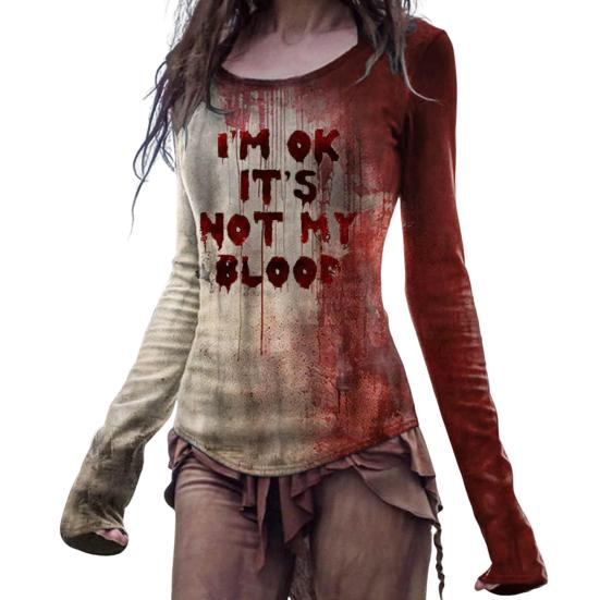Женская футболка с принтом крови и эффектом 3D на Хэллоуин, с круглым вырезом и длинным рукавом, облегающая, эластичная