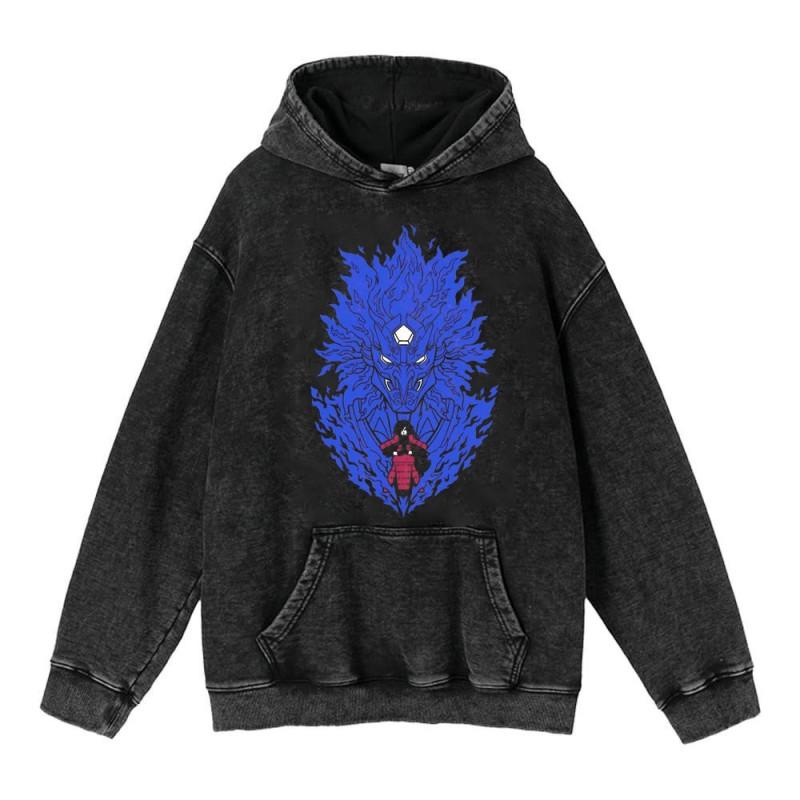 Heavyweight 440g Washed Vintage Naruto Anime Hoodie Men Streetwear Cotton Sweatshirt