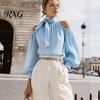 Breathable Women Shirt Summer Solid Color Shirt, Lantern Sleeves Cold Shoulder Blouse Blouse, Casual Loose Fit High Collar Ruffle Top Everyday