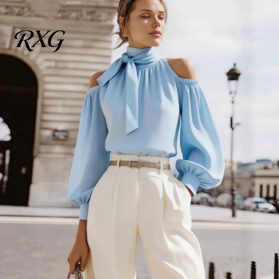 Breathable Women Shirt Summer Solid Color Shirt, Lantern Sleeves Cold Shoulder Blouse Blouse, Casual Loose Fit High Collar Ruffle Top Everyday