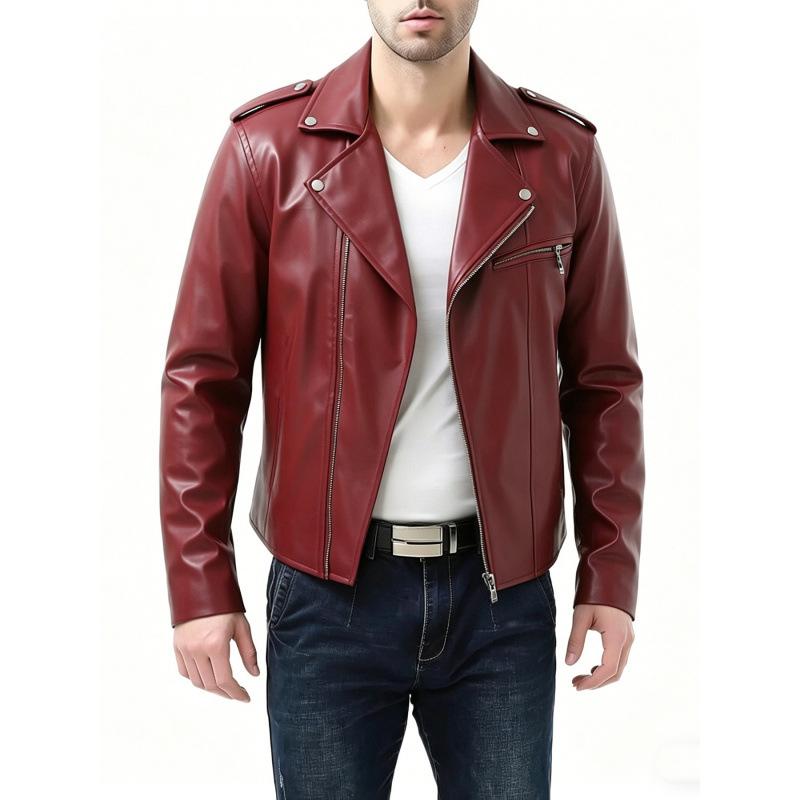 Men's PU Leather Jacket Lapel Motorcycle Jacket Autumn Slim Jacket Fashion Trend Burgundy Black