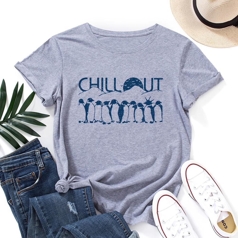 Хлопковая футболка с пингвином, с коротким рукавом, с круглым вырезом, женская, с 2D-принтом, топы