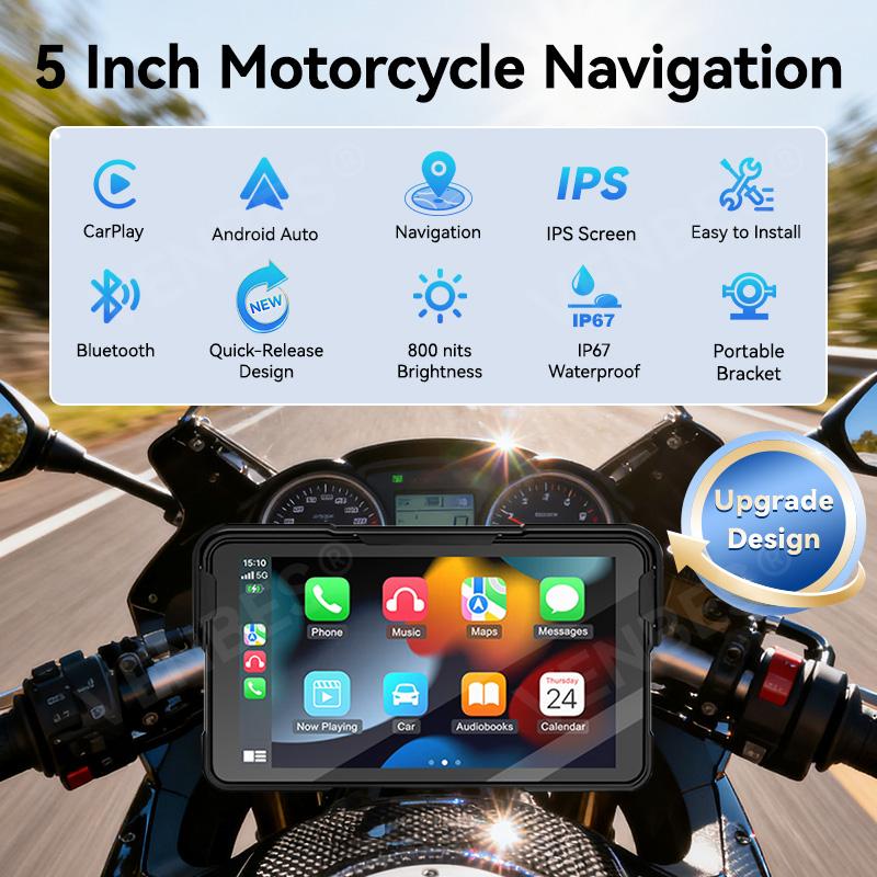 VENBES  Motorcycle Carplay 5 Inch GPS Navigation Wireless Android Auto Carplay Type-C Bluetooth Waterproof Easy to Remove BT