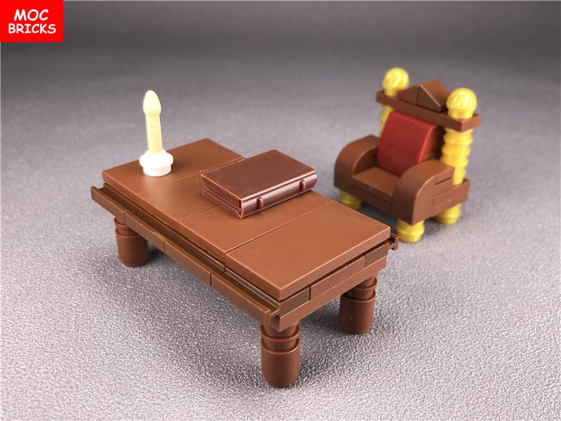 Нетоксичный набор Moc Bricks DIY Коричневый Классический Стол и Стул и Книжная полка Строительные Блоки Собранные Игрушки Для Детей Подарки на Рождество
