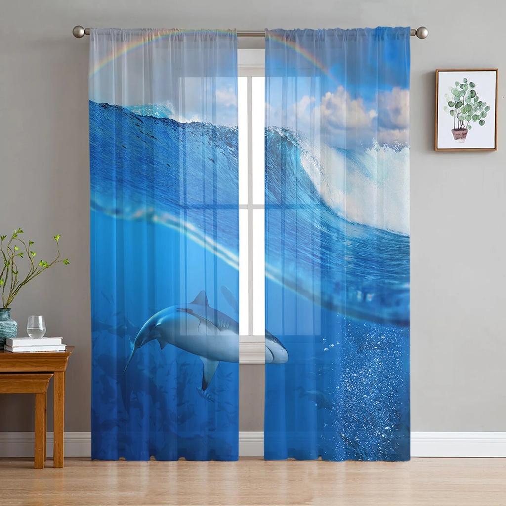 Shark Silhouette Curtain Window Tulle For Living Room Bedroom The Kitchen Window Treatment Decorations Curtains