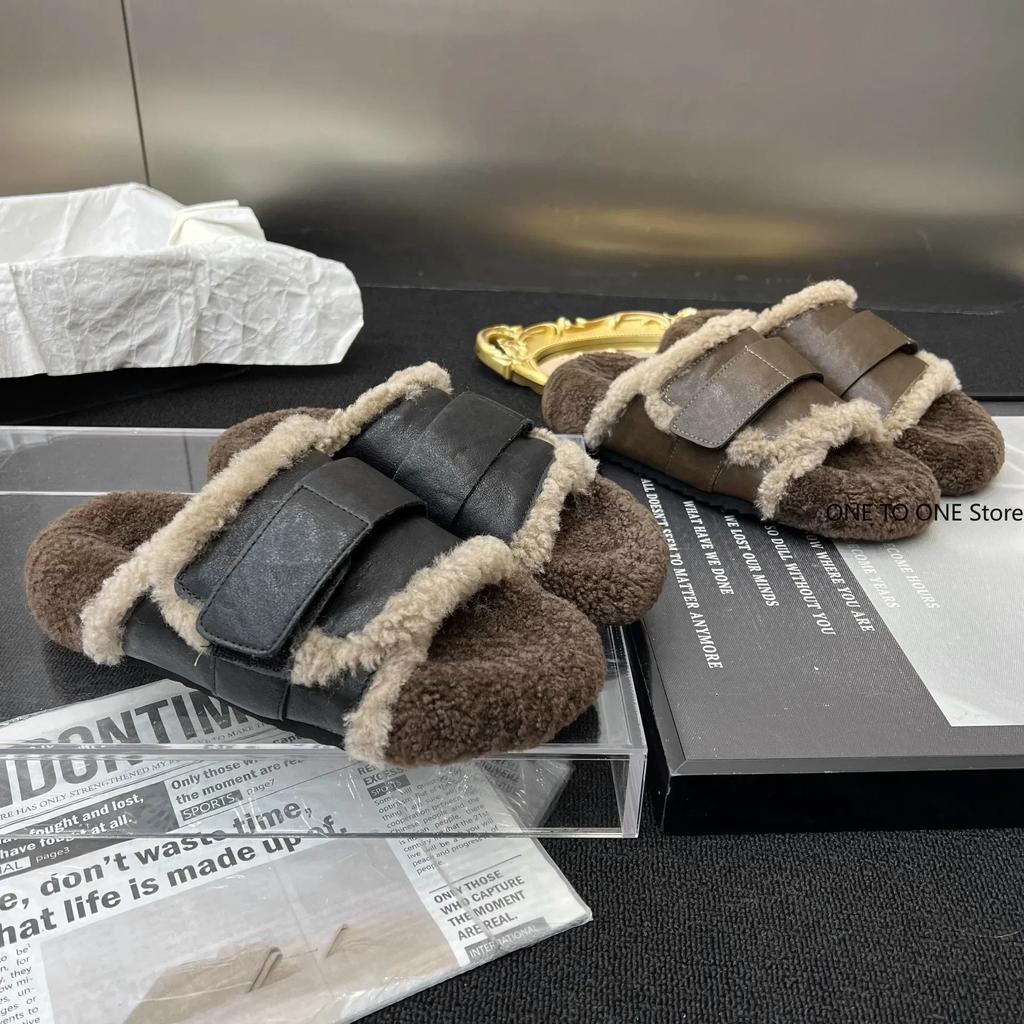 Fashion 2024 Women Shoes Slippers Flat Med Slides Cover Toe Platform Fur Flip Flops Flock Plush Leather Rubber Rome PU with Fur Short