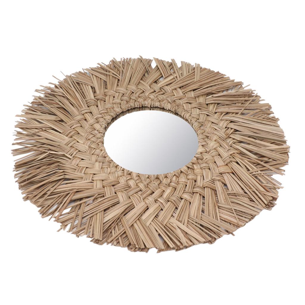 Straw Weaving Wall Mirror Retro Beautiful Woven Wall Hanging Mirror for Dorm Room Decoration Nature