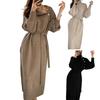 Women's Turtleneck Sweater Midi Dress Button High Neck Long Sleeve Dress Fall Ribbed Knit Long Dress with Belt