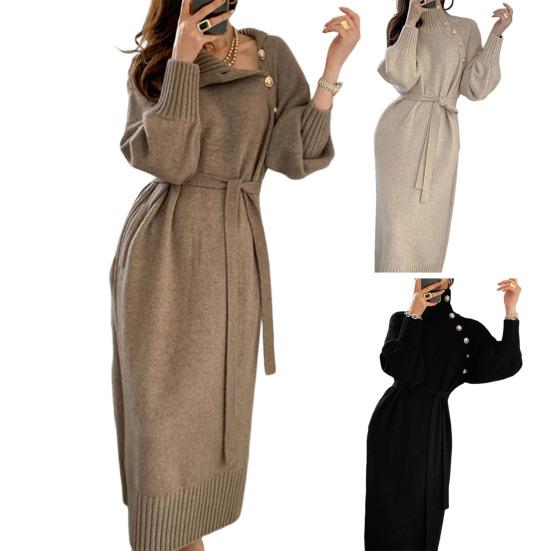 Women's Turtleneck Sweater Midi Dress Button High Neck Long Sleeve Dress Fall Ribbed Knit Long Dress with Belt