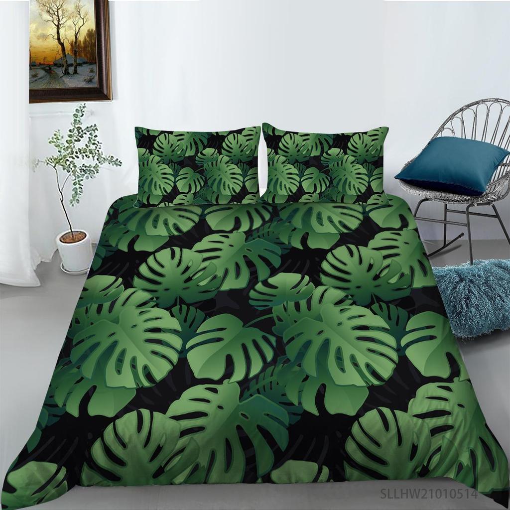 3D Green Leaf Bedding Plant Down Quilt Cover and Pillowcase 2 or 3 Pieces of Microfiber Fabric with Zipper Washable Super Soft Home Decoration
