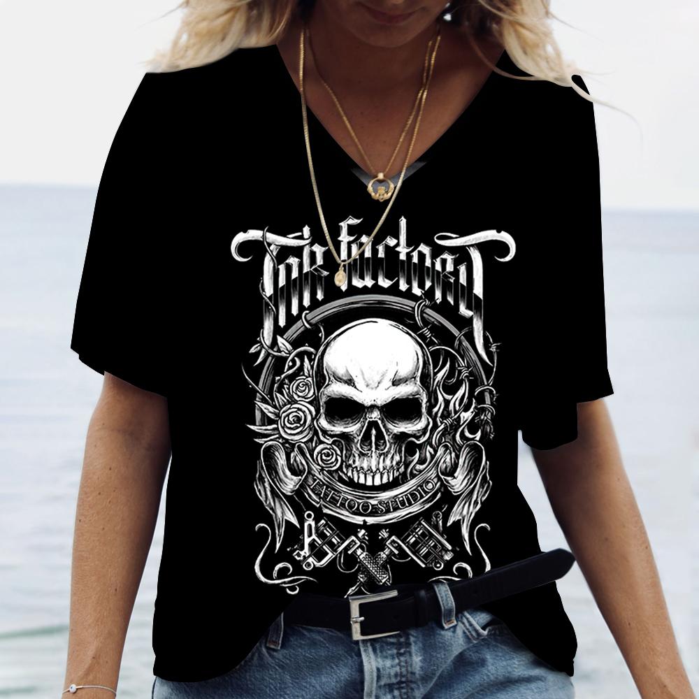 3D Черепа Цветочный Принт Женские Футболки Модные Футболки С V-образным Вырезом Короткие Рукава Летняя Повседневная Женская Одежда Свободные Топы Уличная Одежда