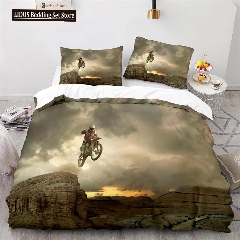 Dirt Bike Duvet Cover Set Motocross Rider Comforter Cover Motorcycle Extreme Sport Game Polyester Bedding Set For Kid Boys Teens