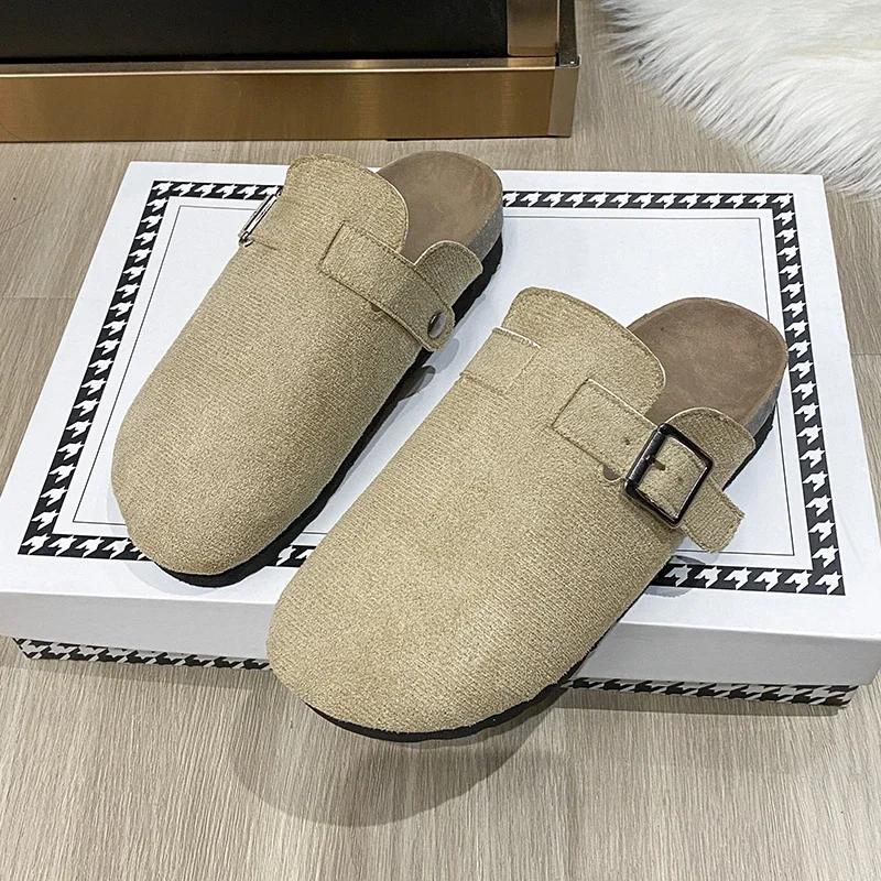 Мода 2024 года, высококачественная женская обувь, закрытый носок, женские тапочки, модные повседневные тапочки с пряжкой на ремне, женские новые тапочки на плоской подошве с круглым носком