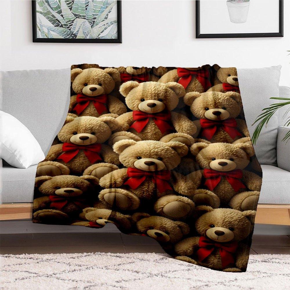 "Adorable Teddy Bears with Red Bows - Perfect for Gifts!"Blanket Flannel Throw Blanket for Sofa, Bed, Travel, Camping, Office, Couch, Chair,