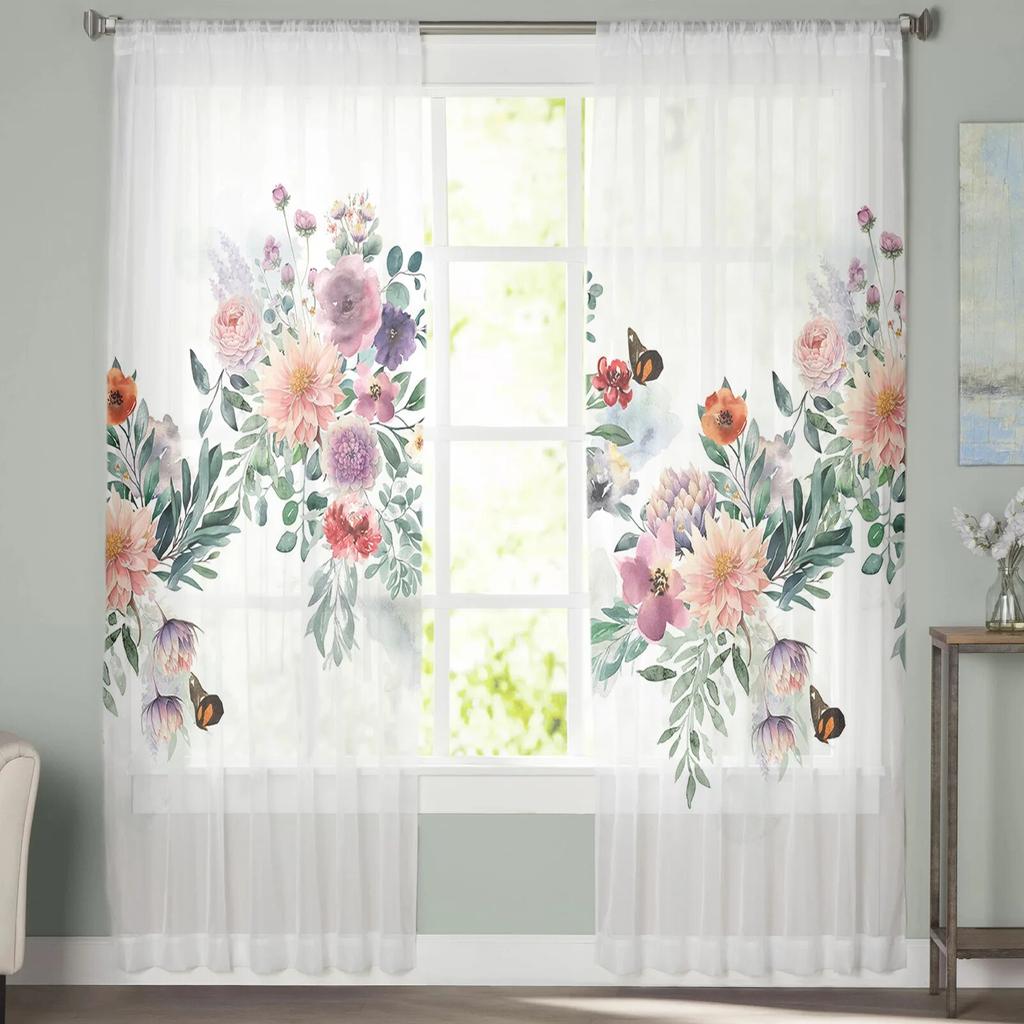 Watercolor Leaves Plants Flowers Butterflies Tulle Voile Curtains for Bedroom Living Room Window Curtain Sheer Organza Drapes
