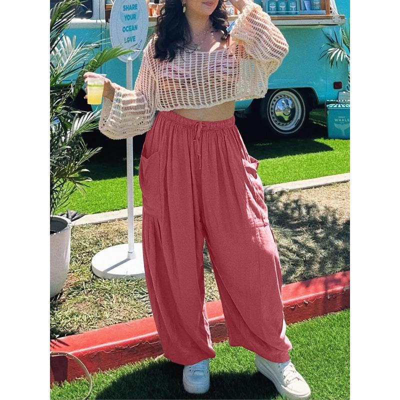 Летние женские брюки с эластичной резинкой на талии, плиссированные широкие брюки с высокой талией, свободные повседневные брюки