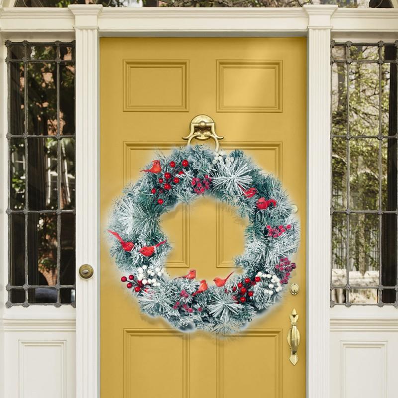 Handmade American Style Christmas Wreath With Red Cardinal Flocked Pine Needles Berries Front Door Wall Decor