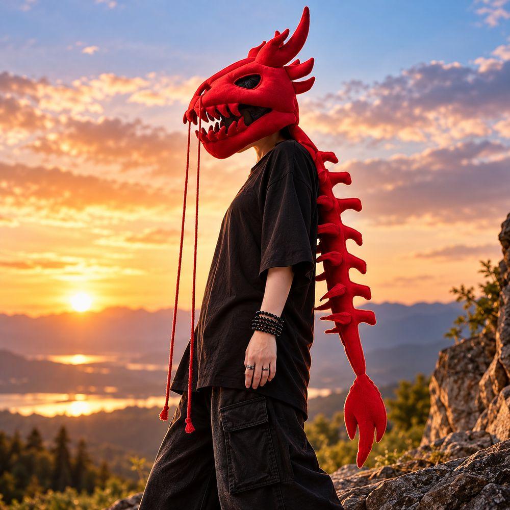 Warm Tone Colors Dragon Headpiece Exoskeleton Spine Tail Animal Head Cover Halloween